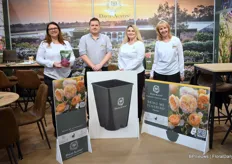 The team of David Austin presenting a new 6 litre branded pot, with their new logo, QR code, and their POS material of recycled material and is also recyclable.